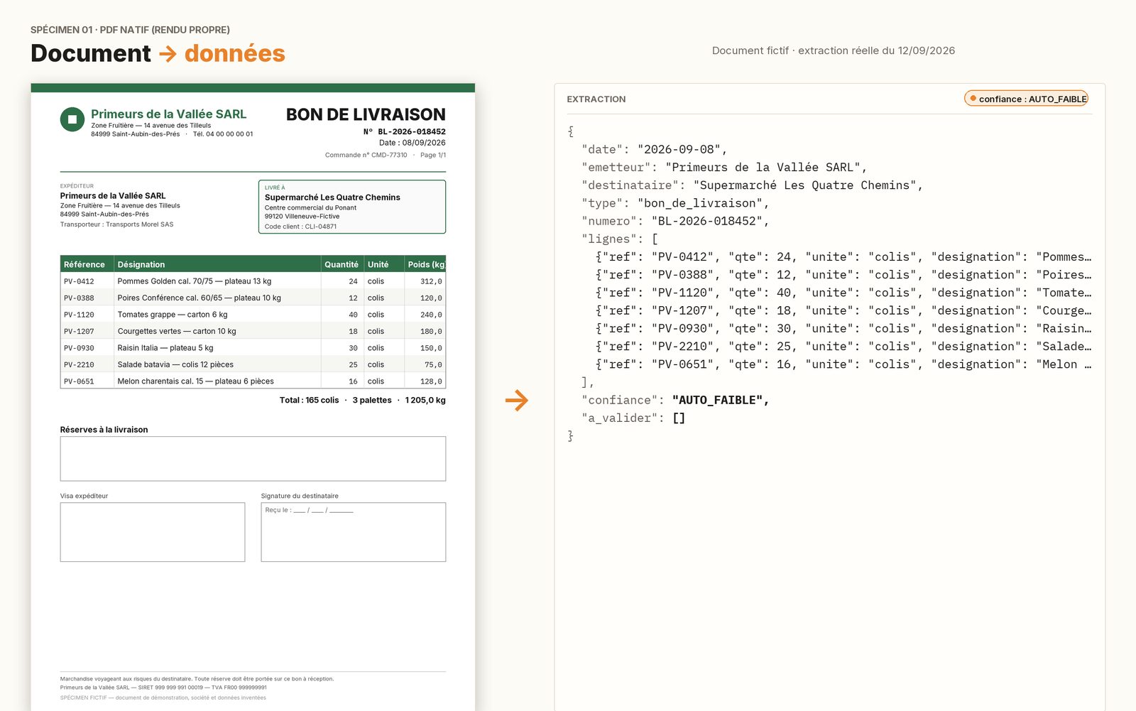 Spécimen fictif — PDF propre : le document à gauche, l’extraction JSON à droite